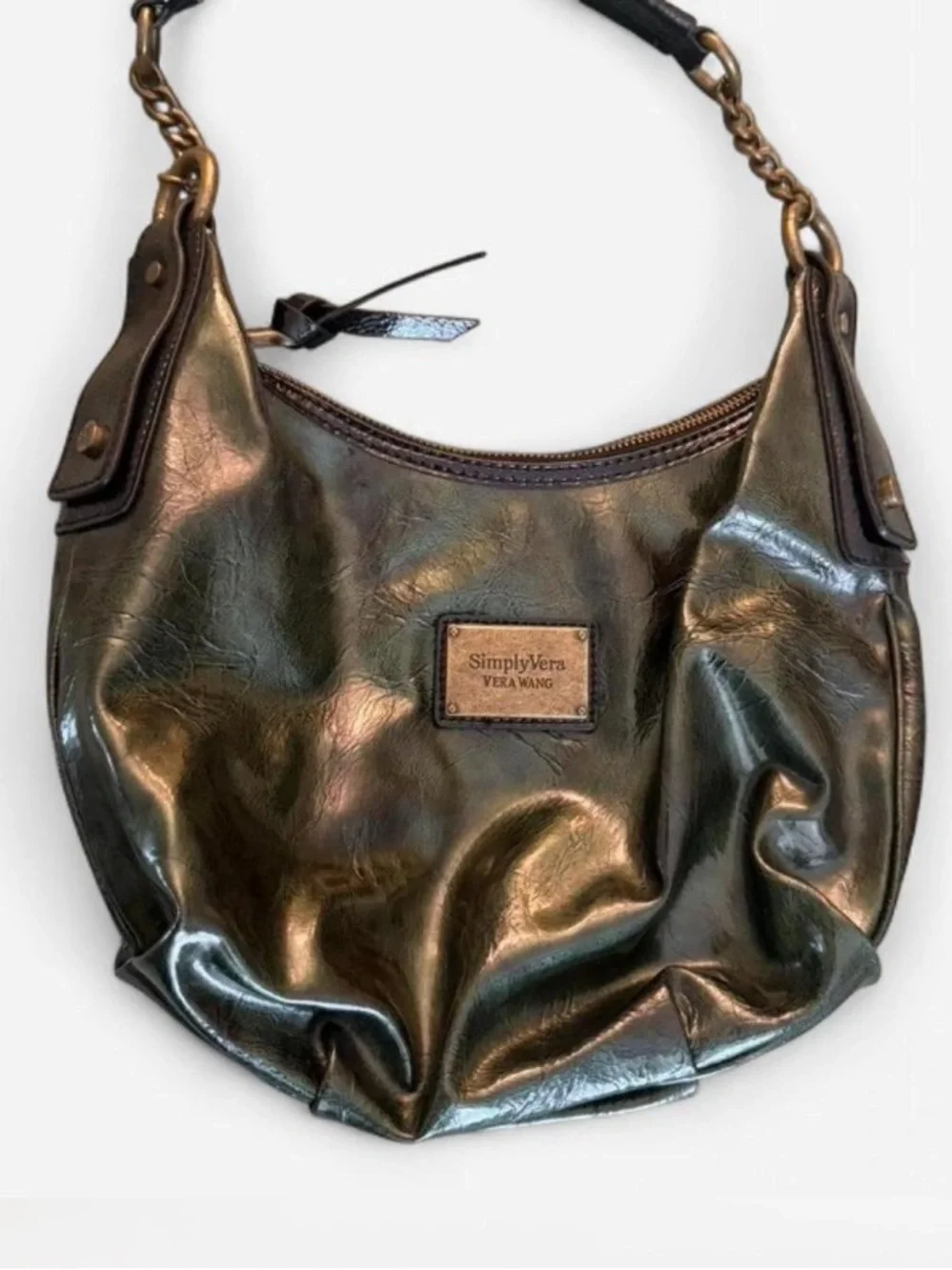 Simply Vera Vera Wang Metallic Olive Green Hobo with Chain-Trim Strap